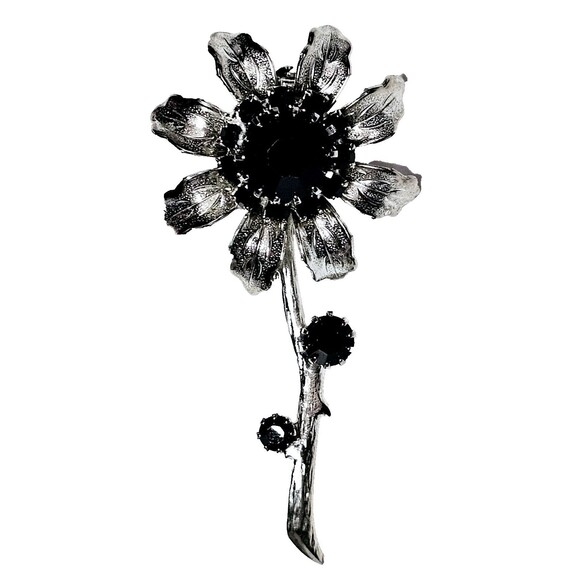 Flower Brooch Prong Set Black Crystal Silver Tone Dahlia Sunflower Daisy VTG EUC - Picture 1 of 11